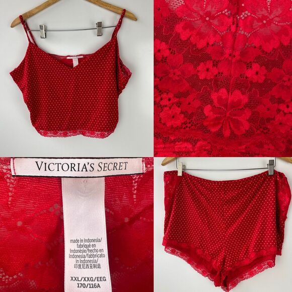 Victoria's Secret Stretch Modal Lace Back Cami Shorts Set Red Pink Polka Dot XXL - Picture 2 of 16